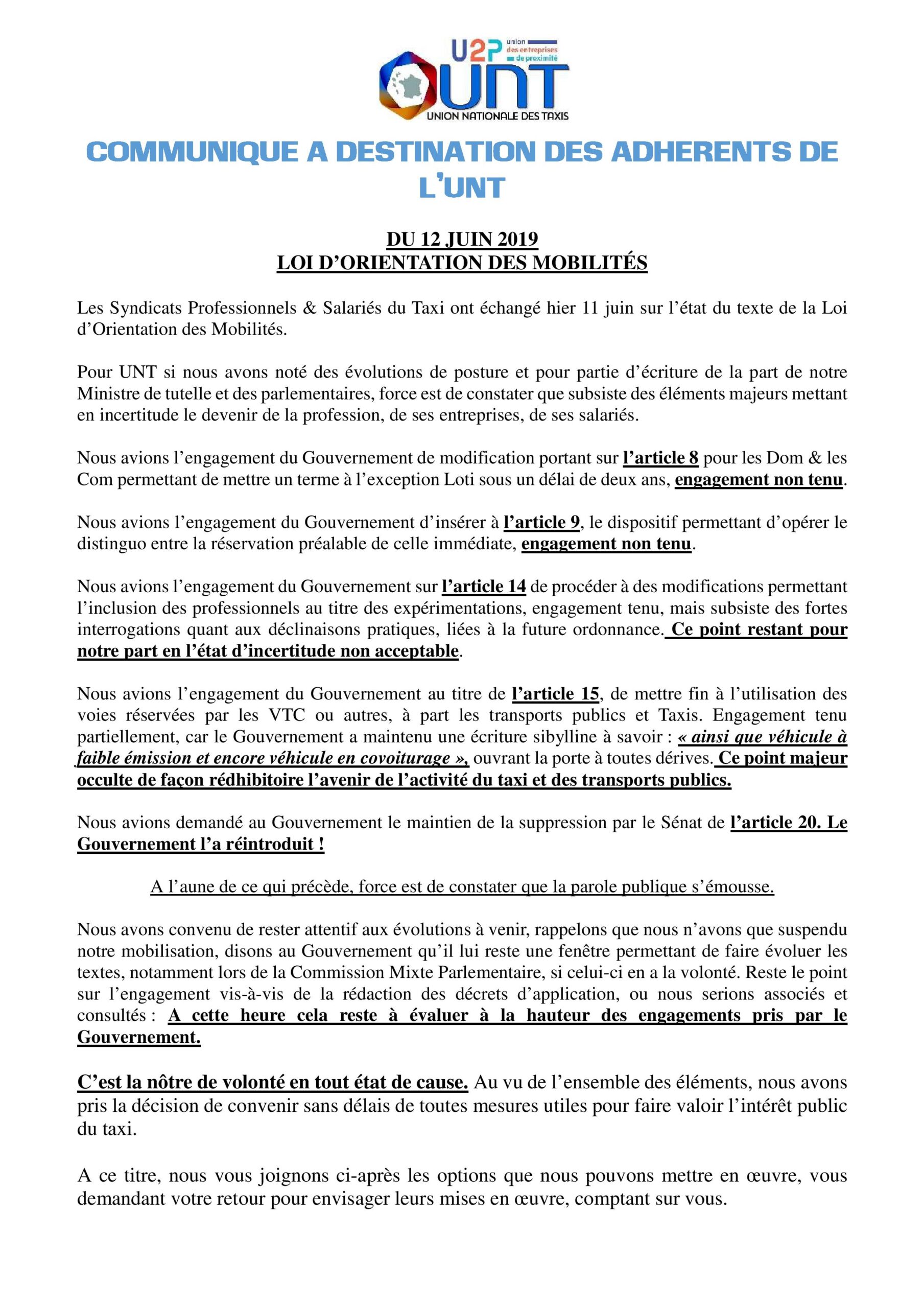 Communiqué à destination des adhérents – 12 JUIN / LOI LOM