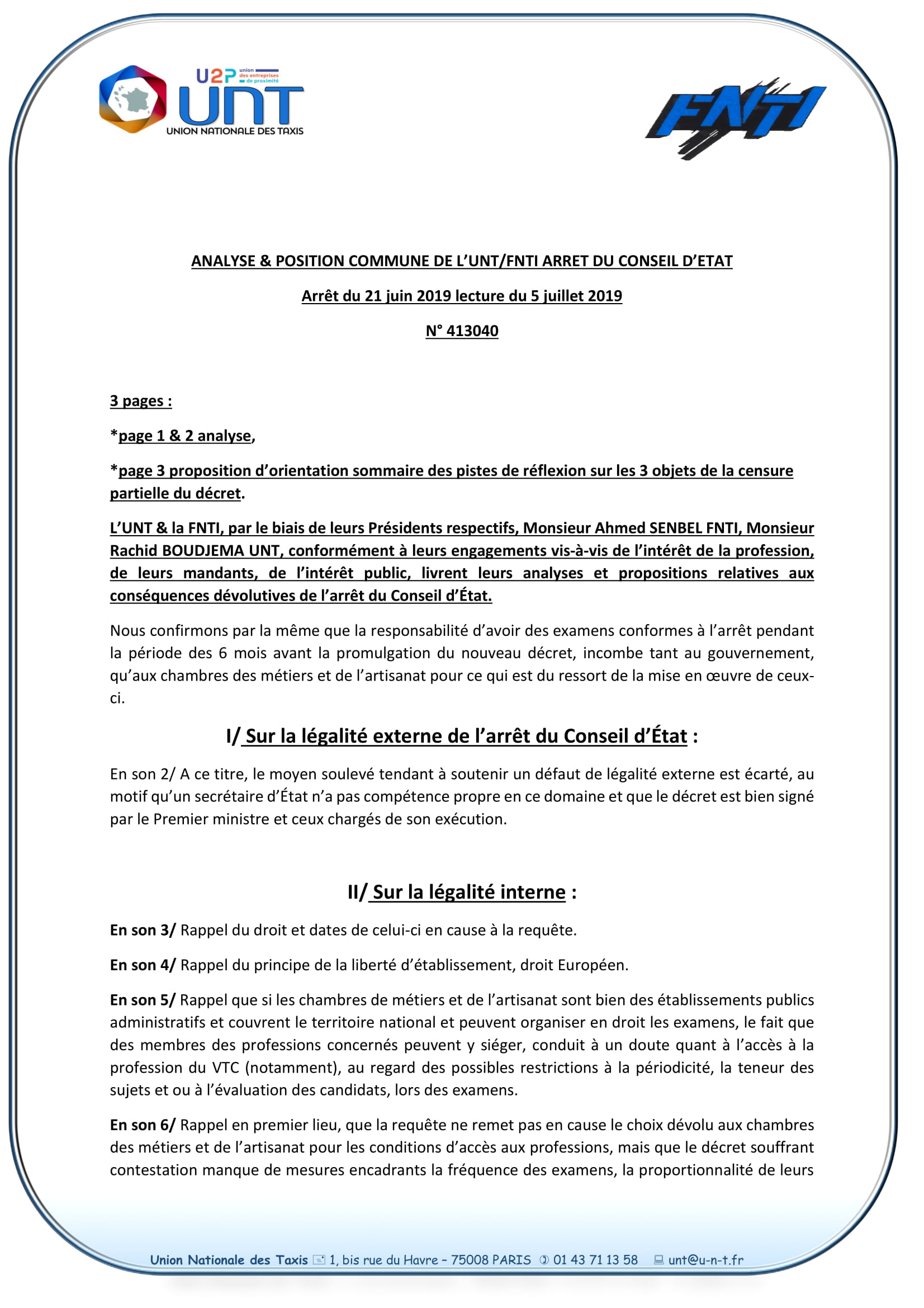 Analyse et Position commune de l&rsquo;UNT / FNTI Arrêt du Conseil d&rsquo;Etat